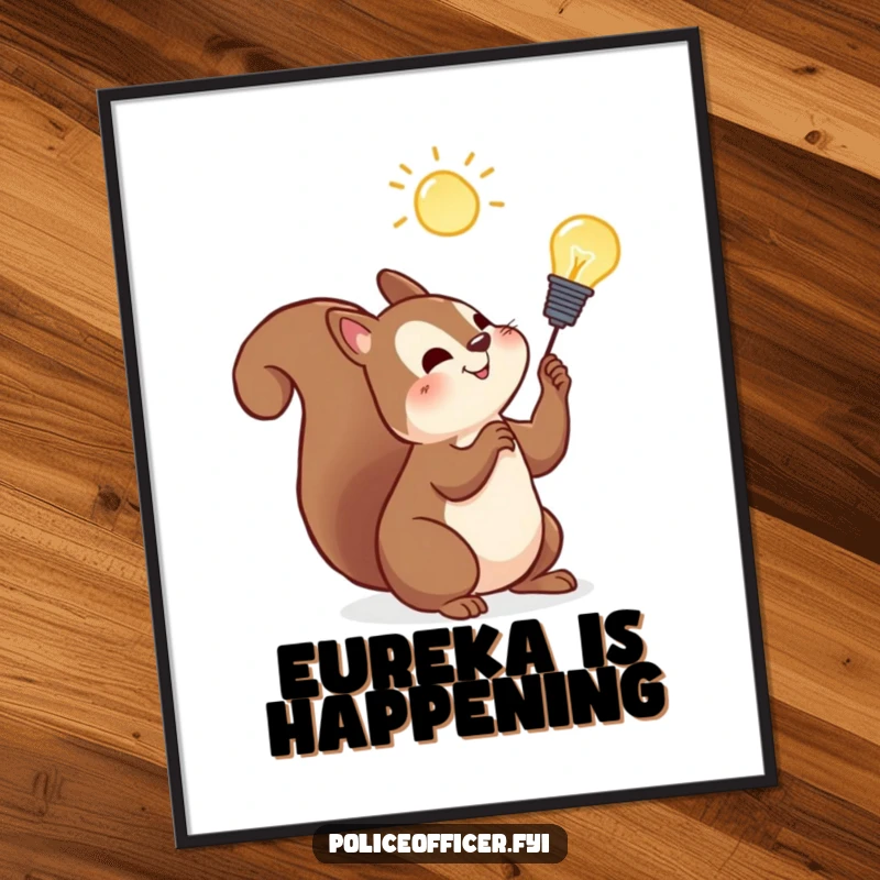 Funny squirrel poster showcasing a cheerful squirrel with a glowing lightbulb, representing a bright idea, ideal for art lovers.