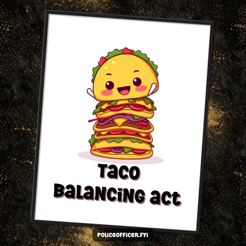 Funny poster depicting a cheerful taco attempting to balance an impressive stack of tacos, a whimsical piece of food-related wall art.