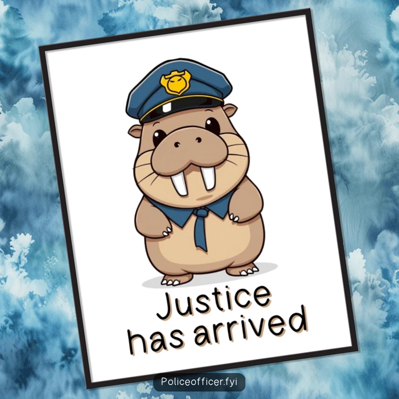 Funny poster displaying a wobbly walrus police officer in uniform, tipping his hat with a wide, joyous smile.