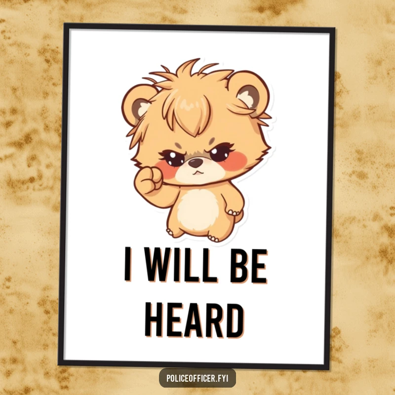 Funny poster of a determined bear cub with messy hair shaking a tiny fist, creating a humorous and inspiring visual.