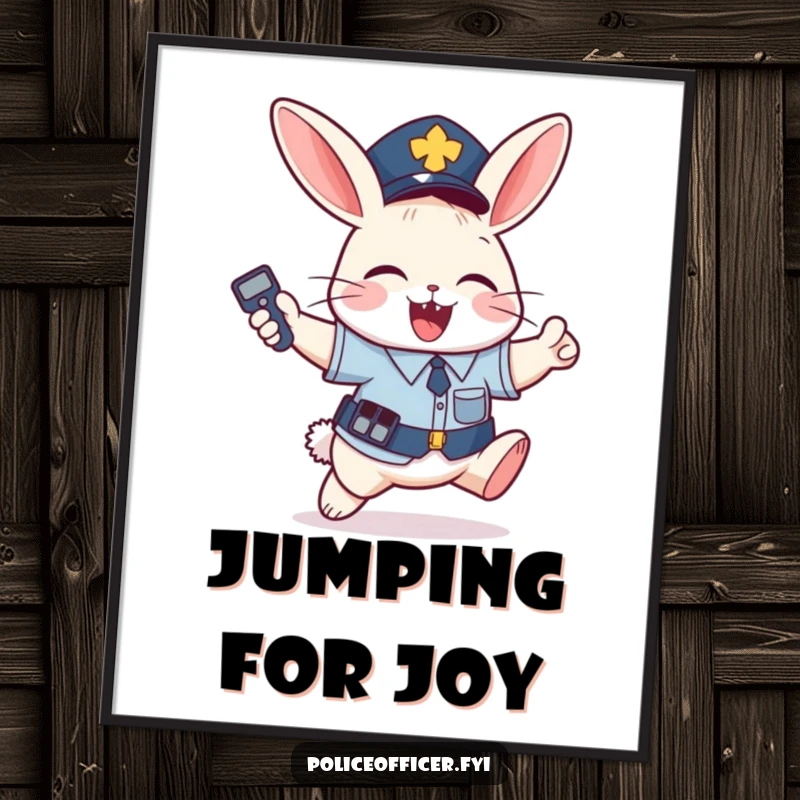 Funny Poster: Mischievous bunny in police uniform jumps with joy holding remote, wall art for funny gift.