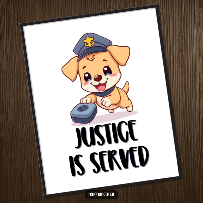 Funny Puppy Cop Poster: Happy puppy in a police hat chasing a rolling remote, a humorous piece of wall art capturing playful energy.