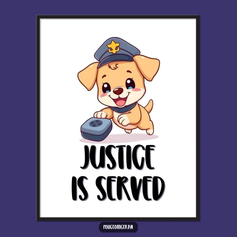 Funny Puppy Cop Art Poster - Humorous Police Dog Remote Chase Print, Perfect Wall Art Gift