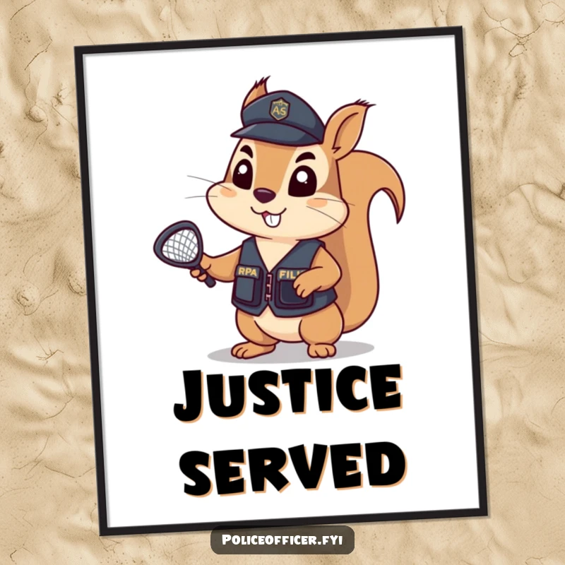 Funny Poster of a determined squirrel in a tiny police vest, holding a tiny net aloft, ready to bring order to the scene.