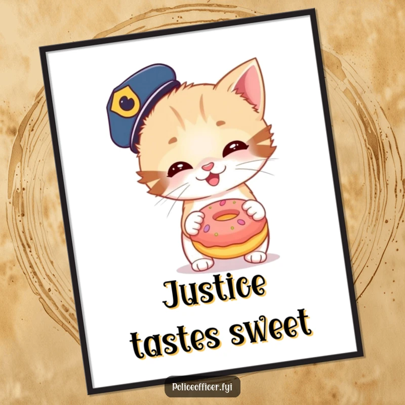Funny poster showcasing a cute kitten in police attire, giggling as it holds a ridiculously large donut, ready for action.