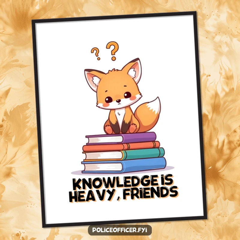 Funny poster of a curious fox cub on books, a question mark hovering, ideal for adding intellectual humor to any room.