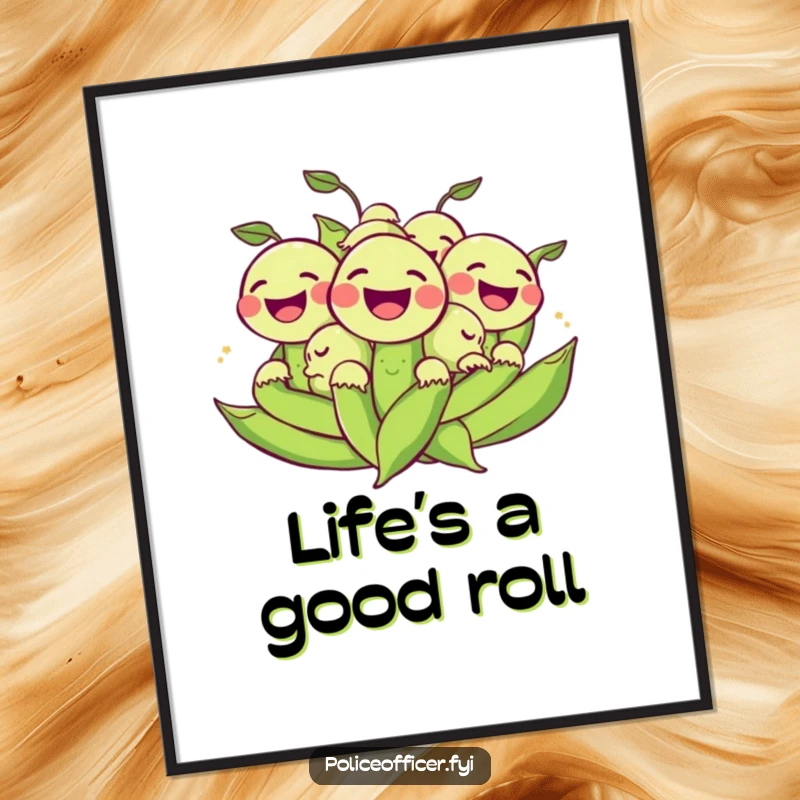 Funny Poster: A cheerful bunch of peas laughing heartily as they roll, bringing hilarious energy and a joyful vibe to any wall.
