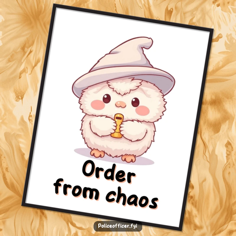 Funny poster depicting a fluffy creature in a small hat, holding and blowing a tiny whistle, adding humor to any room.