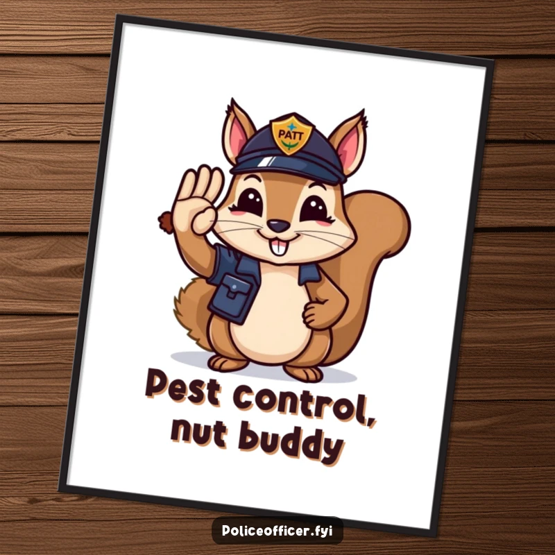 Funny Poster: A happy squirrel in uniform saluting with an acorn, a humorous piece of art celebrating duty.