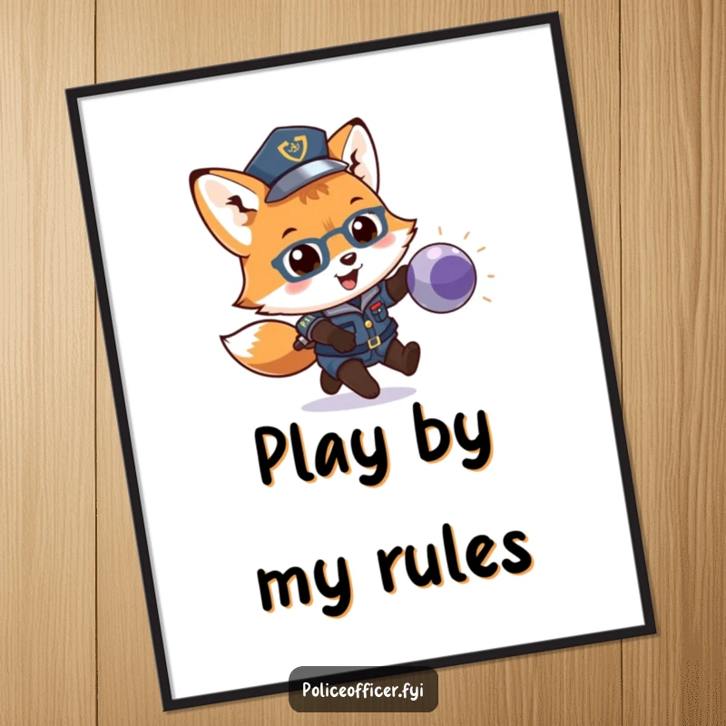 Funny poster print of a playful fox cub wearing a police uniform and chasing a bouncing ball. Humorous law enforcement art.
