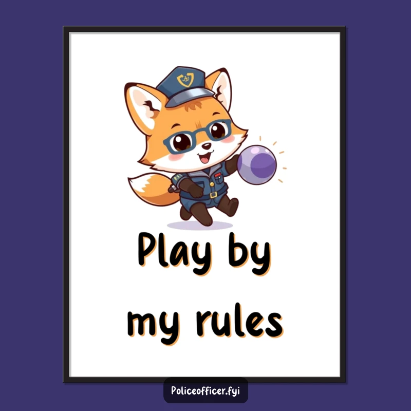 Funny Fox Cop Poster: Playful Wall Art, Cub Chasing Ball, Unique Gift Idea