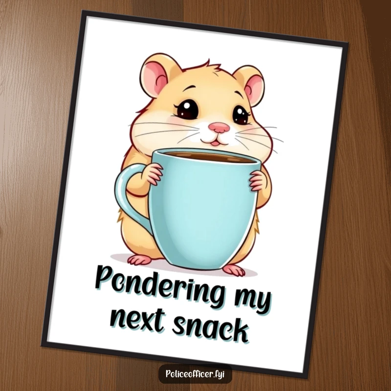 Funny Hamster Poster featuring a chubby hamster with a giant coffee cup, looking thoughtful, inspiring coffee breaks, a perfect funny gift.