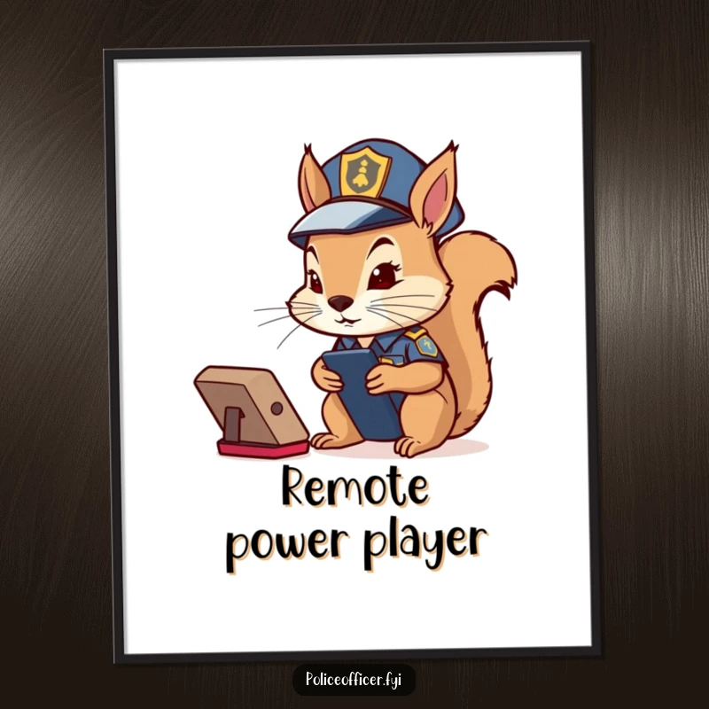 Funny Squirrel Cop Poster: Determined squirrel in police costume intently watching a remote control, humorous wall art.