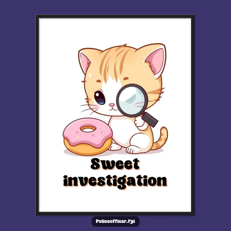 Funny Kitten Detective Poster: Curious Cat Investigating Donut Art for Whimsical Walls
