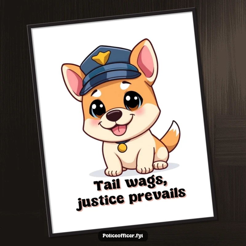 Funny bouncy dog police officer poster, tail wagging with excitement, wearing a police cap, joyful art.
