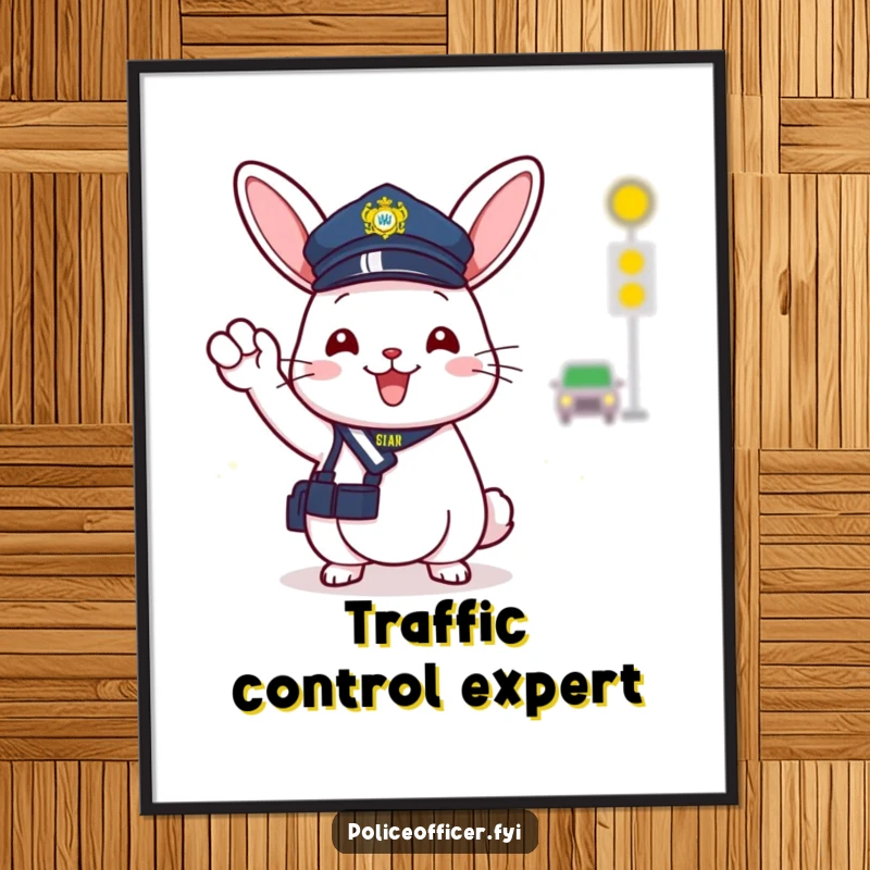 Funny poster print of a cheerful bunny police officer in a tiny hat, happily directing traffic with a friendly wave.