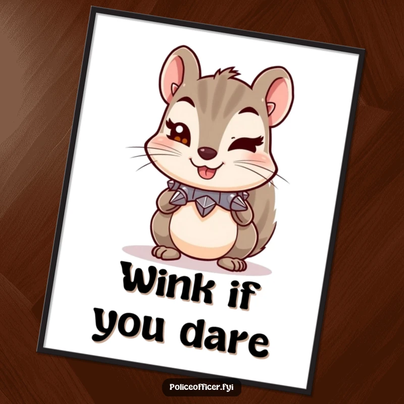 Funny poster of a mischievous squirrel with a tiny spiked collar and a cheeky wink, creating a fun and quirky visual.