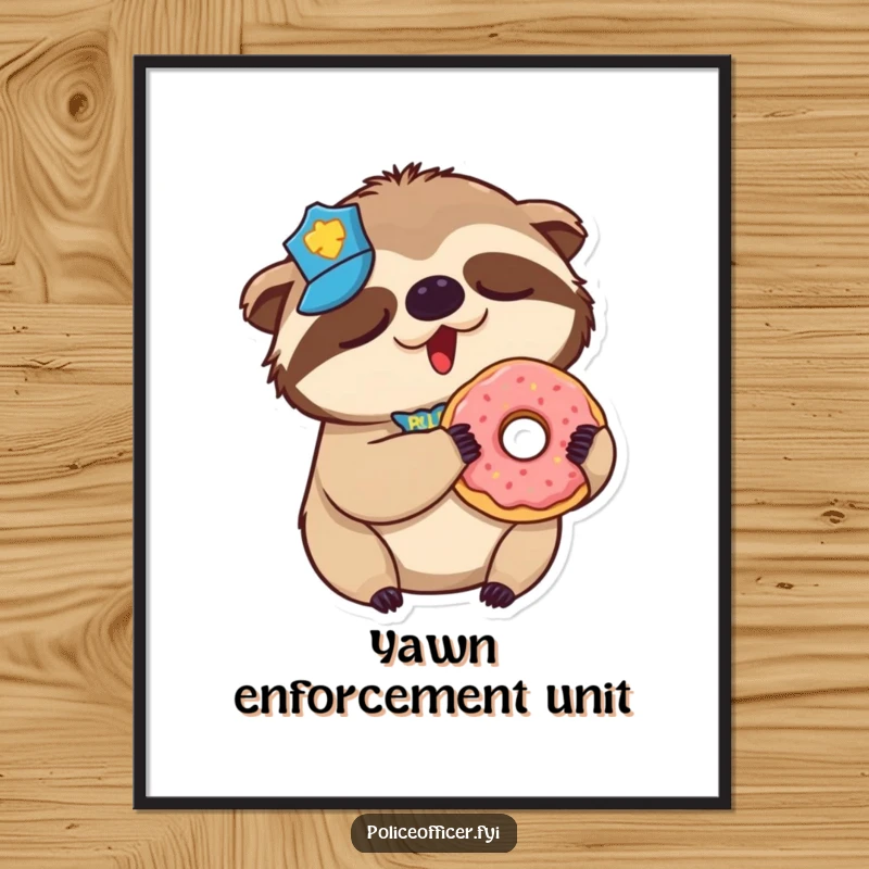 Funny Sloth Police Poster: Artwork of a sleepy sloth in a police badge, yawning contentedly with a donut.