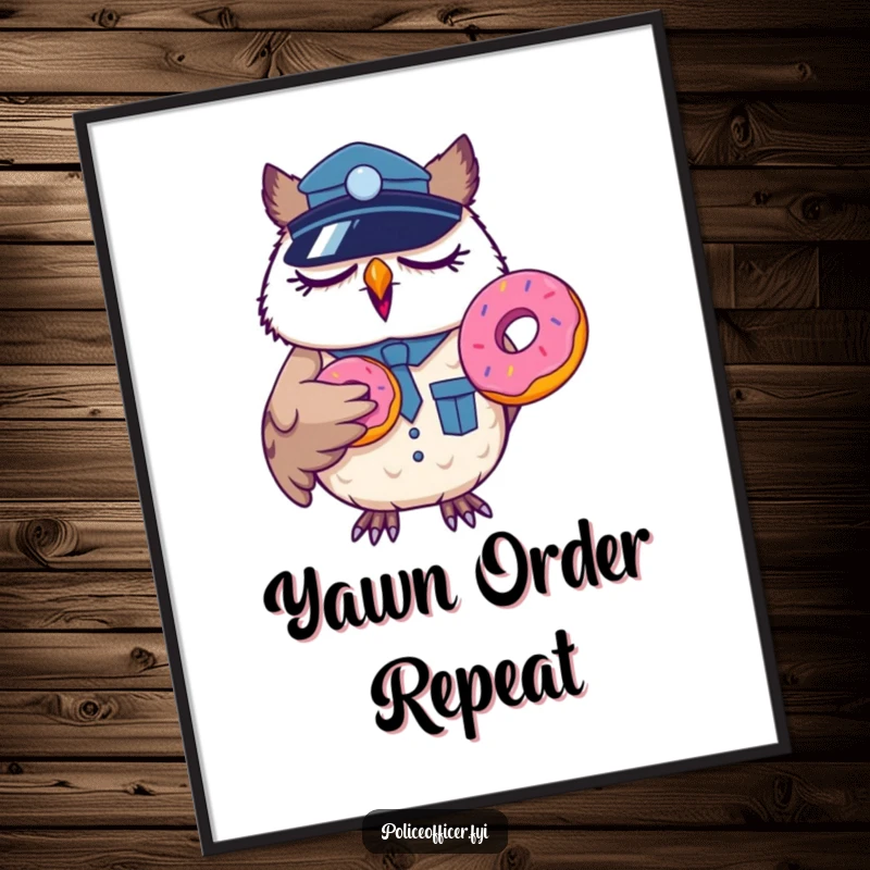 Funny sleepy owl police officer poster, yawning dramatically while holding a donut, humorous wall art.
