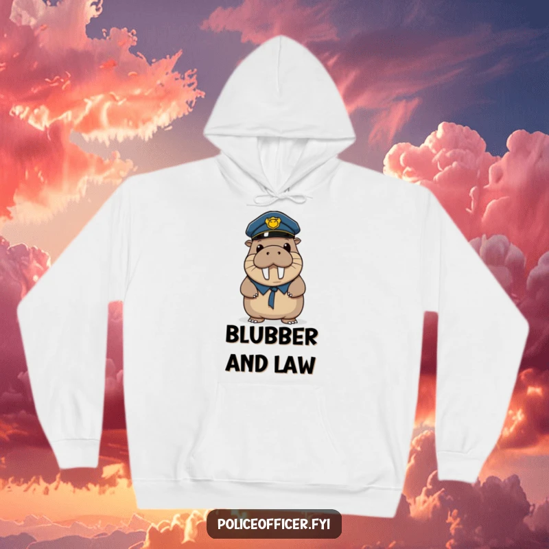Funny hoodie showcasing a wobbly walrus police officer tipping his hat, offering warmth and a hearty, humorous smile.