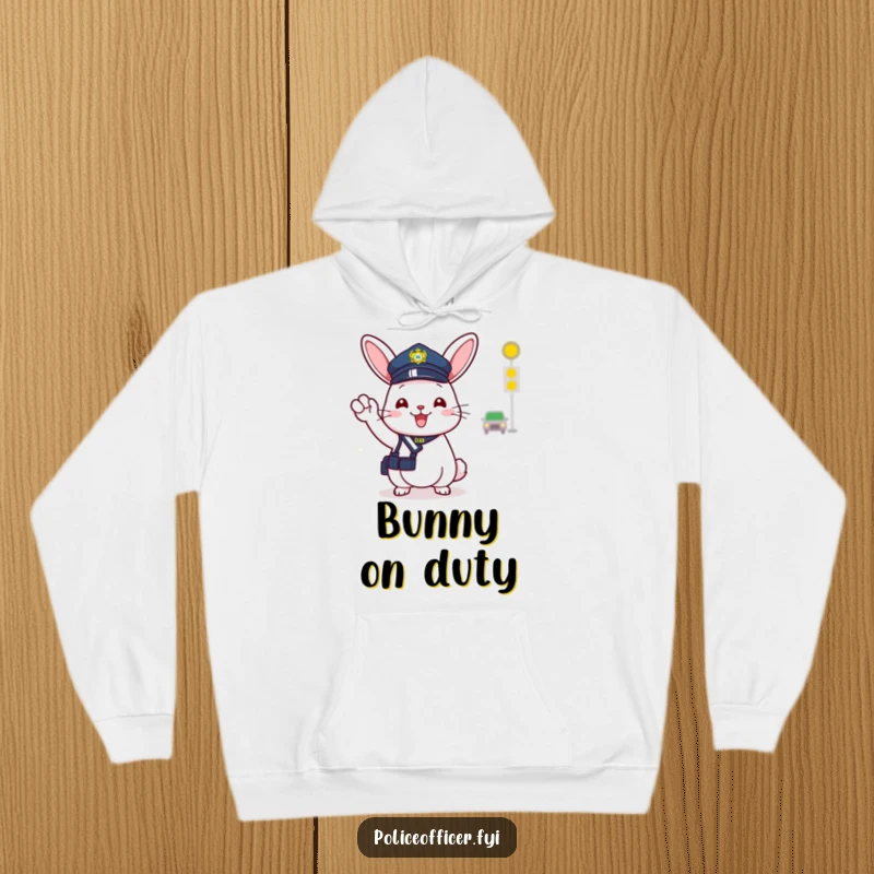 Funny, cozy hoodie with a cheerful bunny police officer in a tiny hat, happily directing traffic with a friendly wave.