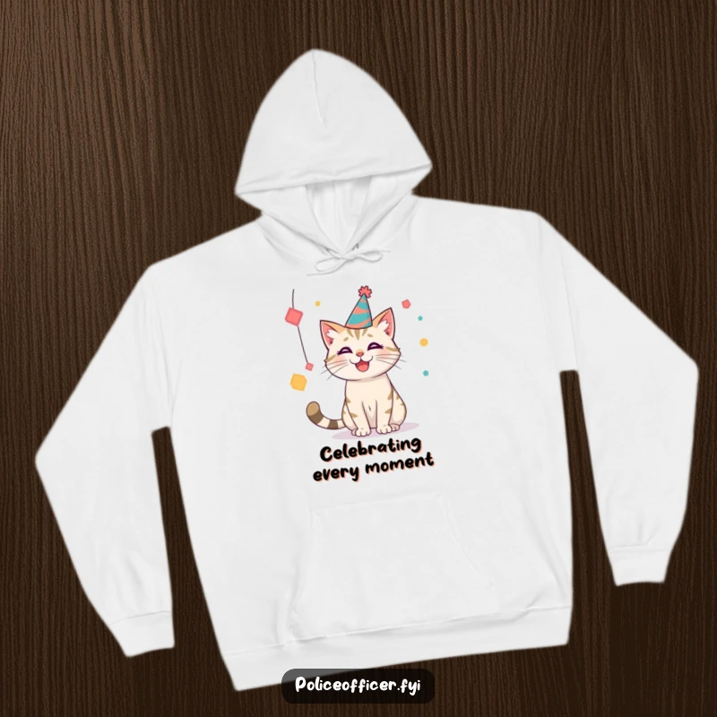 Funny party cat hoodie with a cat in a hat batting at shapes, perfect for staying warm during celebrations.