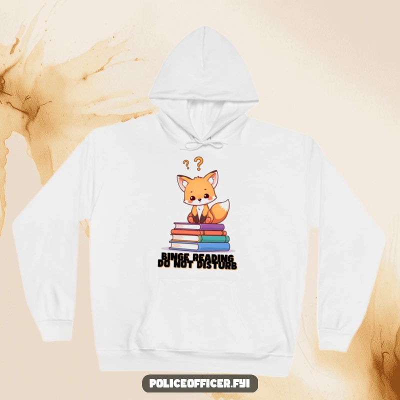 Funny hoodie depicting a curious fox cub sitting on a stack of books, a question mark symbolizing its thoughtful mood, great for readers.