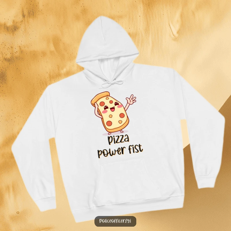 Funny pizza hoodie featuring a smiling pizza slice giving a high-five, offering warmth and comedic delight.