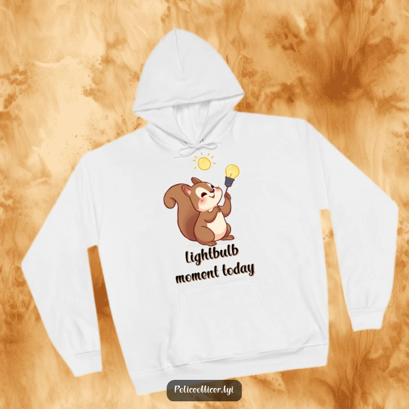 Funny squirrel hoodie with a cheerful squirrel and a lightbulb, perfect for staying warm while having a great idea.
