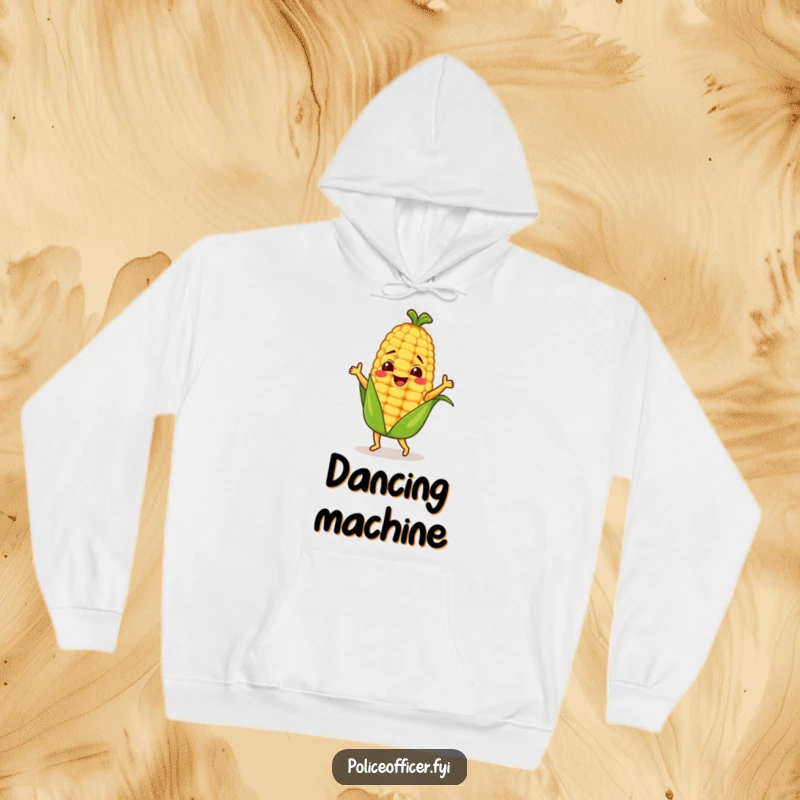 Funny dancing corn cob character illustration on a warm hoodie, showcasing a fun and energetic dance.