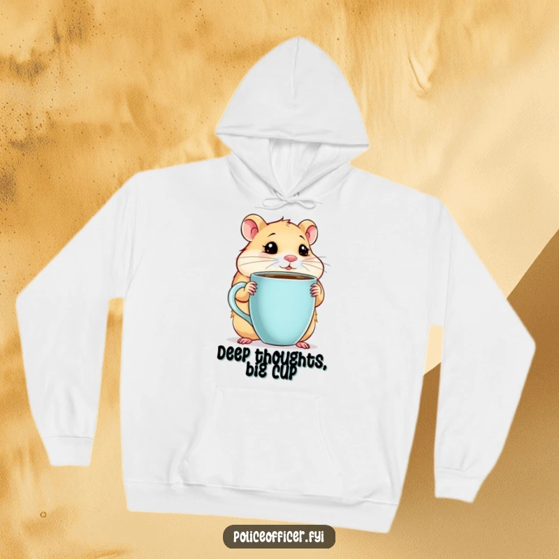 Funny Hamster Hoodie featuring a chubby hamster with a giant coffee cup, looking thoughtful, ensuring cozy coffee contemplation, a great funny gift.