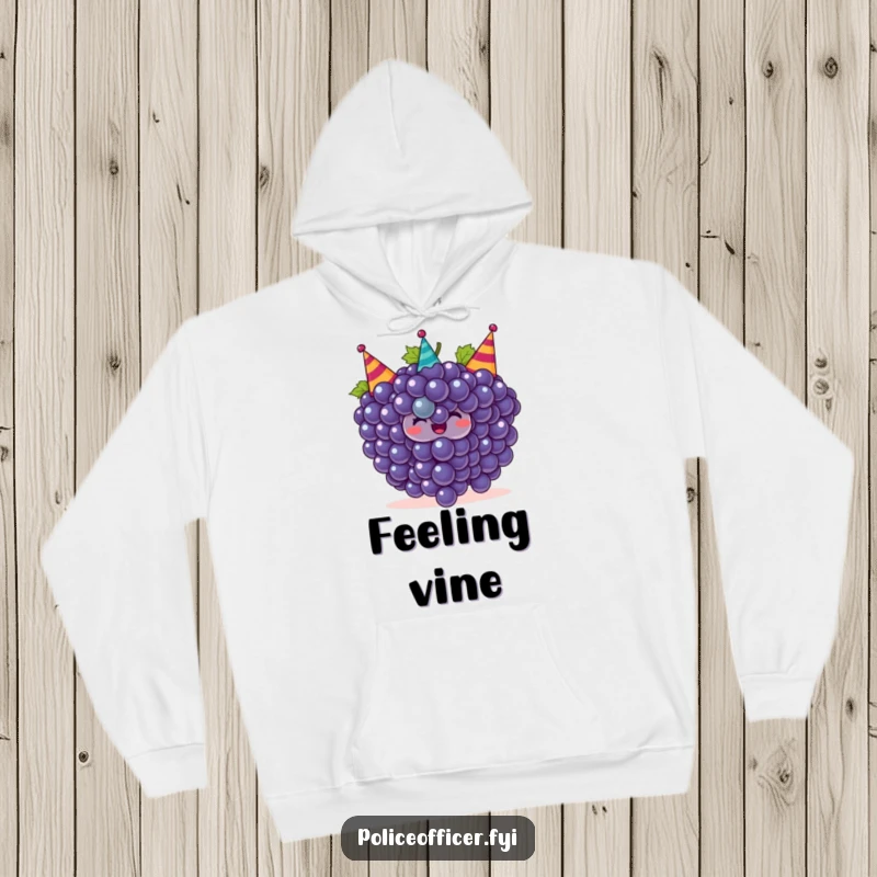 Funny grapes hoodie featuring a smiling bunch of grapes wearing tiny party hats, offering cozy and humorous celebration.