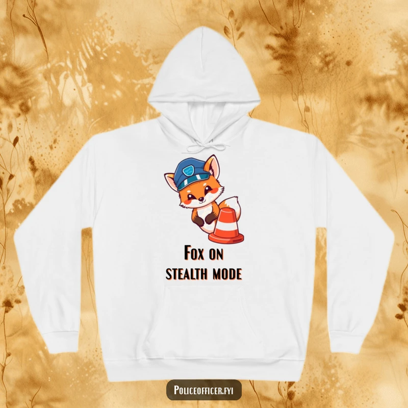 Funny, warm hoodie with a cute fox in a police cap peeking out from behind a traffic cone, looking sly.