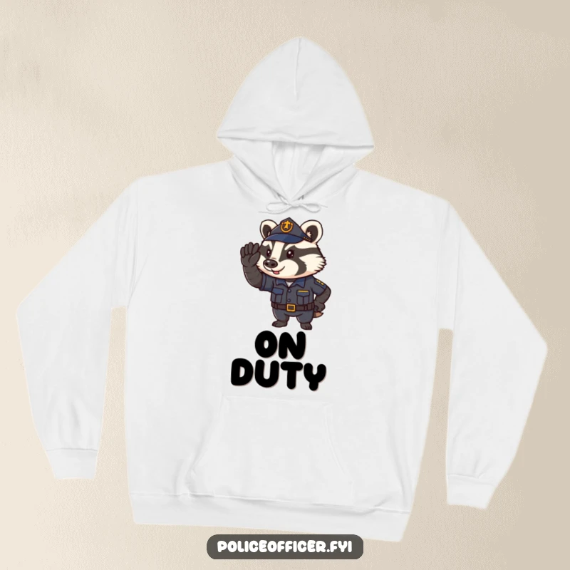 Funny Hoodie with a determined badger police officer saluting proudly, perfect for warmth and law enforcement humor.