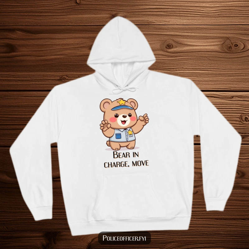 Funny hoodie depicting a cute bear cub wearing a police badge and directing traffic. Cozy and humorous law enforcement apparel.