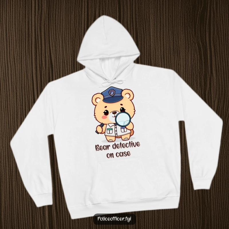 Funny, warm hoodie with a fluffy bear in a police uniform winking and holding a magnifying glass, ready for investigation.