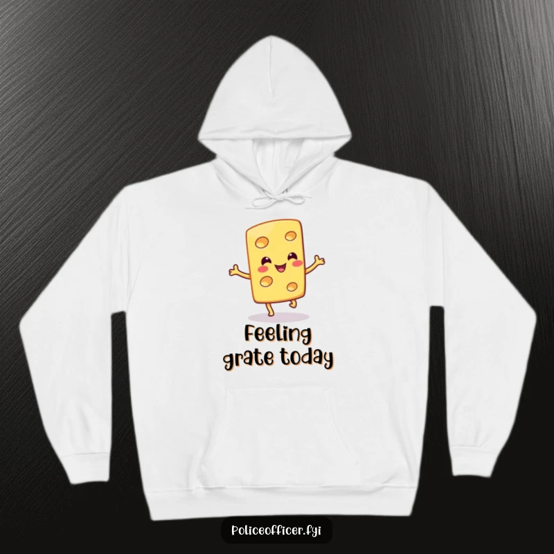 Funny hoodie illustrates a smiling cheese slice doing a cheerful hop, offering warm comfort and cheesy merriment.