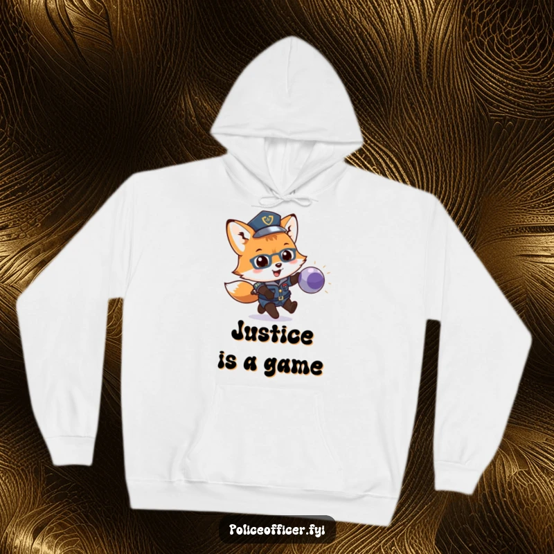 Funny hoodie depicting a playful fox cub in a police uniform, chasing a bouncing ball. Cozy and humorous law enforcement apparel.