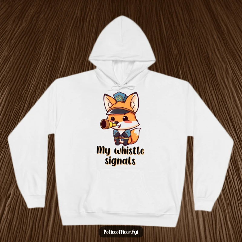 Funny fox police officer hoodie: a proud fox in a hat blowing a whistle, a warm and funny pullover.