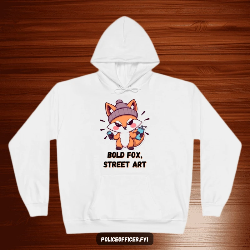 Funny Fox Hoodie featuring a bold fox wearing a beanie and a sneer, holding a spray can, offering urban style and warm comfort.