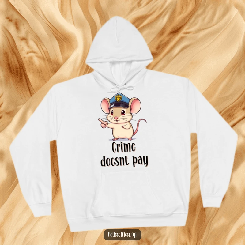 Funny Mouse Hoodie featuring a mouse police officer, tiny determined pointing finger, ensuring cozy law enforcement, a great funny gift.