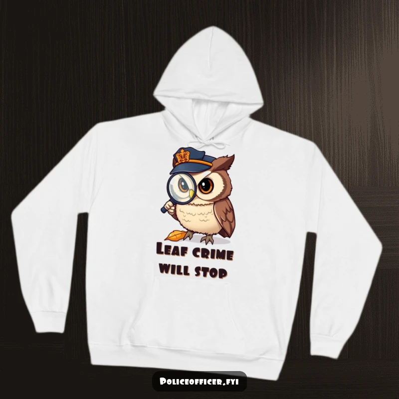Funny Hoodie: A cute owl police officer squinting at a leaf with a magnifying glass, embodying hilarious investigative spirit.