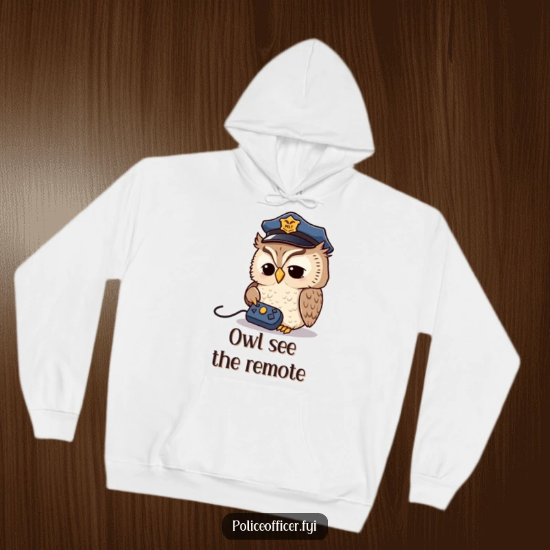 Funny Owl Detective Hoodie: Wise owl wearing a police cap, studying a remote control, offering comfort and intellectual humor.