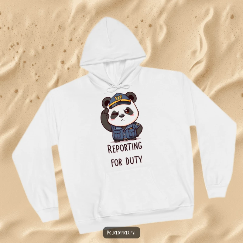 Funny hoodie featuring a determined panda in a police uniform giving a confident salute and wink. Warm and humorous apparel.