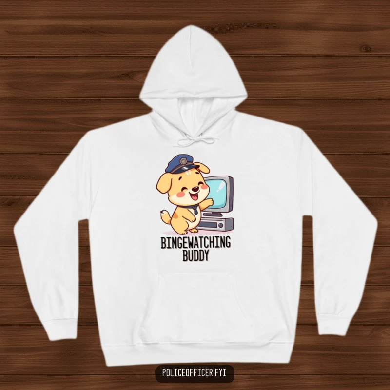 Funny Hoodie: A happy police dog pointing excitedly at a TV screen, a warm funny gift.