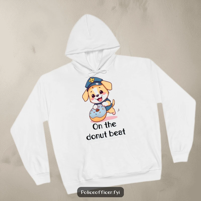 Funny puppy police officer hoodie: a cute, uniformed dog chasing a donut in a comfortable pullover.