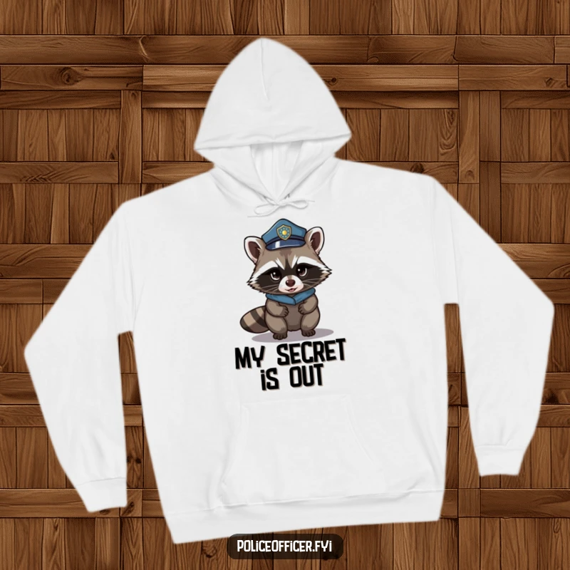Funny hoodie with a stealthy raccoon in a police hat, sneaking around with a mischievous look. Warm and humorous apparel.