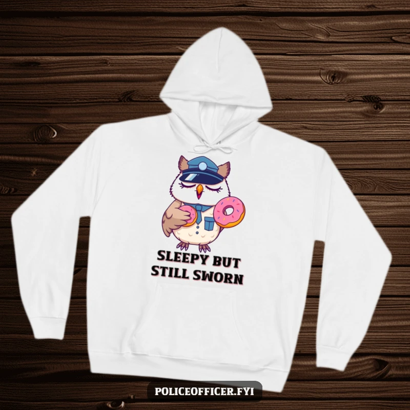 Funny sleepy owl police officer hoodie, yawning with a donut, cozy and humorous apparel for cops.