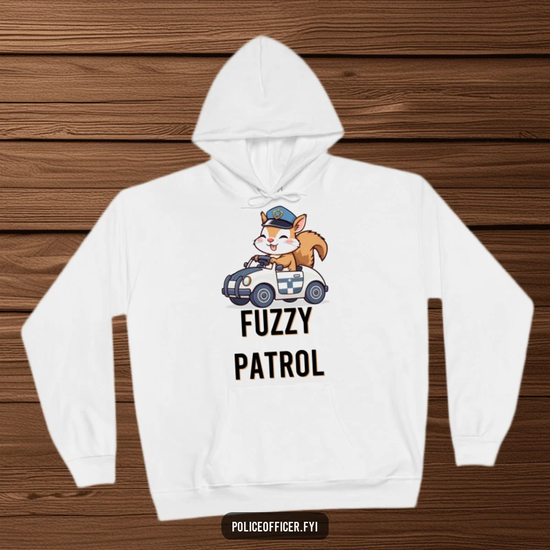 Funny Hoodie with a giggling squirrel in a police hat riding a toy police car, perfect for cozy fun.