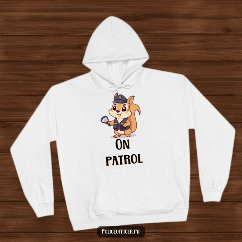 Funny Hoodie depicting a determined squirrel in a tiny police vest, holding a tiny net aloft, ready for a cozy stakeout.